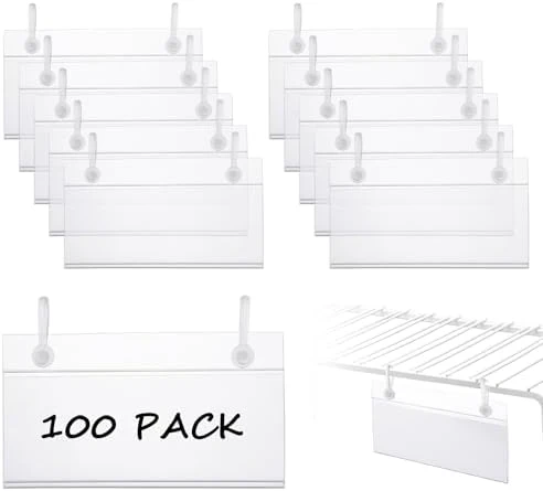 Acrux7 100 PCS Plastic Wire Shelf Label Holders 4" x 2.2" Basket Label Clips with Double Snap Lock Closure, Clear Wire Rack Label Holder Price Tag Holder for Market, Retail Shop, Pantry - Image 8