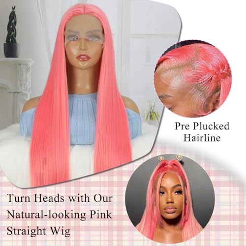Pink Lace Front Wig Human Hair 20 Inch 13x4 Cotton Candy Pink Straight HD Lace Frontal Wig Human Hair Pre Plucked with Baby Hair Bubblegum Pink Lace Closure Human Hair Wig 150 Density for Women - Image 2