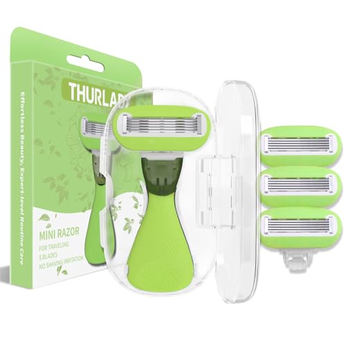 Mini Razors for Women Travel, Extra Smooth On The Go Razor, Portable 5-Blade Womens Razors for Shaving, Travel Essentials for Women, 1 Mini Razor, 3 Refills and 1 Travel Case, Avocado Green