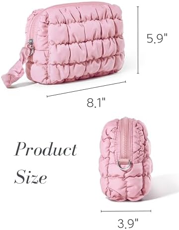 Yarnic Quilted Makeup Bag Cosmetic Bag, Travel Toiletry Bag for Women, Cute Makeup Bag Organizer Baby Pink Puffer Makeup Pouch (M, Pink) - Image 5