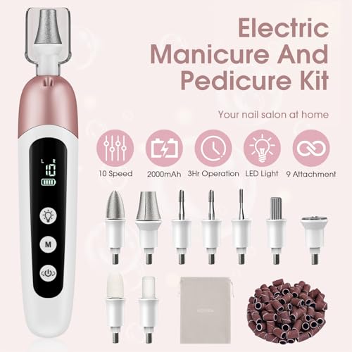 Cordless Electric Nail File Set, Professional Manicure Pedicure Kit, 10 Speed Portable Nail Drill Machine with Memory Modes, Pedicure Tools for feet, Hand Foot Care Tool for Thick Nail Toenail Cuticle - Image 2