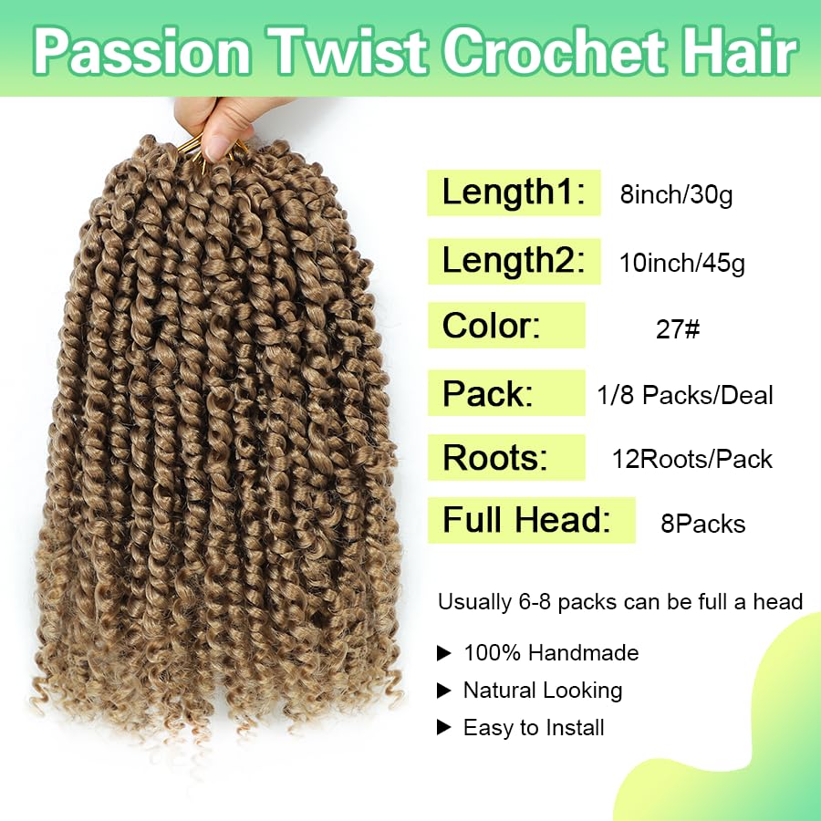 Passion Twist Crochet Hair 10 Inch Passion Twist Hair 8 Packs Pre-Twisted Passion Twist Crochet Hair for Black Women Soft Passion Twist Curly Crochet Hair 10"(Pack of 8) 27# - Image 2