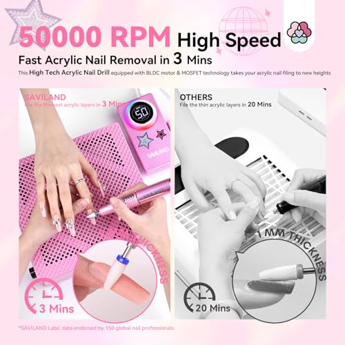 SAVILAND Powerful Electric Nail Drill Professional: 50000RPM Nail Filer Electric Nail File Rechargeable Nail Drill Kit Portable Nail Efile 2 Ceramic Bit 2 Sticker for Fast Remove Acrylic Nail - Image 3