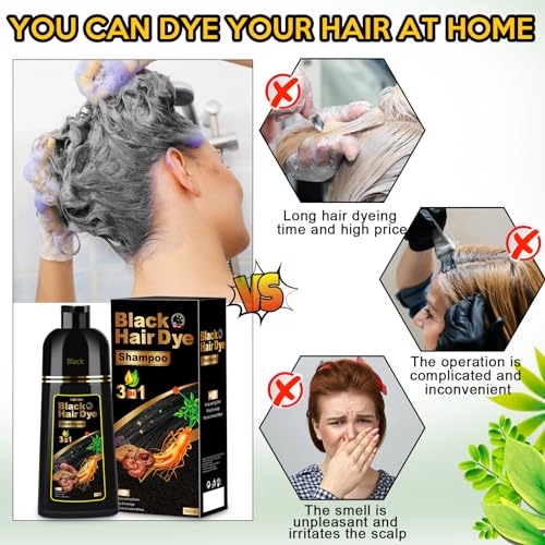 Hair Dye Shampoo 3 in 1, Herbal Shampoo Hair Dye for Women Men, Grey Coverage Shampoo 500ml (Black) - Image 5
