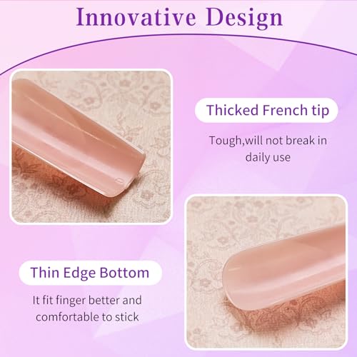 240pc French Tip Press on Nails Long Fake Nails with Glue and Adhesive Tab, False Acrylic Nails Press on Nails Square Nail Tips Artificial Glue on Nails Press ons Fingernail Stick on Nails - Image 3