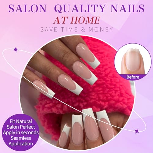 240pc French Tip Press on Nails Long Fake Nails with Glue and Adhesive Tab, False Acrylic Nails Press on Nails Square Nail Tips Artificial Glue on Nails Press ons Fingernail Stick on Nails - Image 4