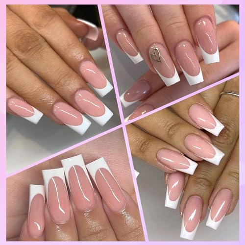 240pc French Tip Press on Nails Long Fake Nails with Glue and Adhesive Tab, False Acrylic Nails Press on Nails Square Nail Tips Artificial Glue on Nails Press ons Fingernail Stick on Nails - Image 5