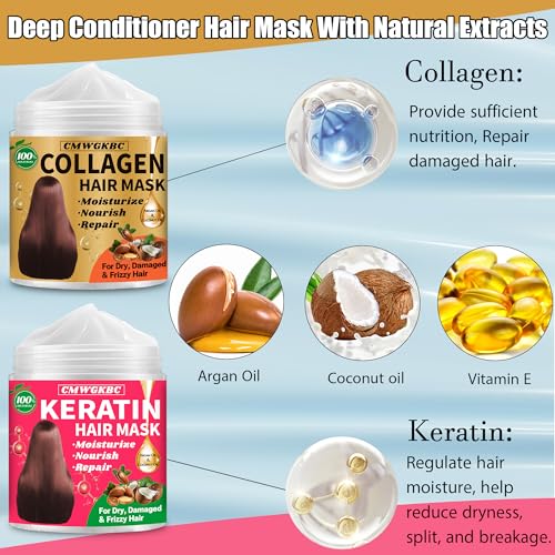 Collagen Hair Mask & Keratin Hair Mask for Damaged Hair,Keratin Hair Treatment,Repair Deep Conditioner for Dry Hair,Vitamin E Natural Hydrating Hair Mask with Argan Oil All Hair Type,Hair Care Gifts - Image 2