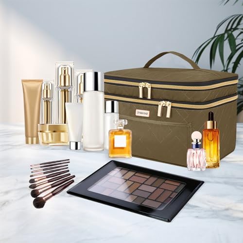 Double Layer Travel Makeup Bag Women, Large Cosmetic Case, Organizer for Travel-Size Accessories Bottles, Brushes, and Skin Care Products (Brown, Double-Layer) - Image 3