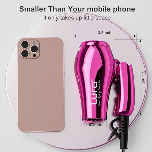 LURA Mini Portable Travel Hair Dryer:Dual Voltage Small Lightweight Blow Dryer with EU Plug,1200W Compact Hairdryer with Folding Handle,with Concentrator&Diffuser Attachment,for Women and Men(Purple) - Image 2