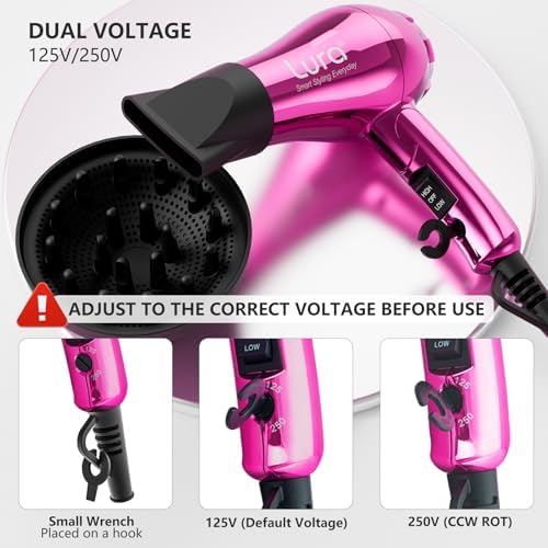 LURA Mini Portable Travel Hair Dryer:Dual Voltage Small Lightweight Blow Dryer with EU Plug,1200W Compact Hairdryer with Folding Handle,with Concentrator&Diffuser Attachment,for Women and Men(Purple) - Image 3