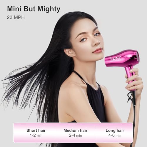 LURA Mini Portable Travel Hair Dryer:Dual Voltage Small Lightweight Blow Dryer with EU Plug,1200W Compact Hairdryer with Folding Handle,with Concentrator&Diffuser Attachment,for Women and Men(Purple) - Image 4