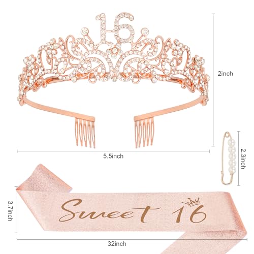 Semato Sweet 16 Party Decorations Set - Rose Gold 16th Birthday Crown and Sweet 16 Sash Glitter Kit for Girls Birthday Happy Birthday Girl Tiara Birthday Party Supplies and Favors - Image 2