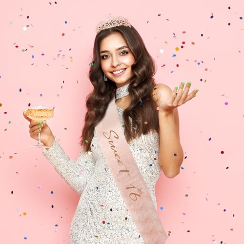 Semato Sweet 16 Party Decorations Set - Rose Gold 16th Birthday Crown and Sweet 16 Sash Glitter Kit for Girls Birthday Happy Birthday Girl Tiara Birthday Party Supplies and Favors - Image 4