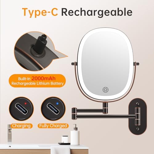 Rechargeable Wall Mounted Lighted Makeup Mirror, 8 Inch Double Sided LED Vanity Mirror 1X/7X Magnification,3 Color Lights Touch Dimmable Oval Frame 360°Swivel Magnifying Bathroom Mirror Antique Bronze - Image 2