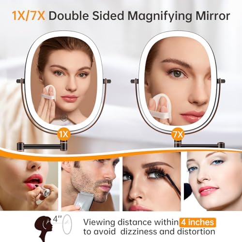 Rechargeable Wall Mounted Lighted Makeup Mirror, 8 Inch Double Sided LED Vanity Mirror 1X/7X Magnification,3 Color Lights Touch Dimmable Oval Frame 360°Swivel Magnifying Bathroom Mirror Antique Bronze - Image 3