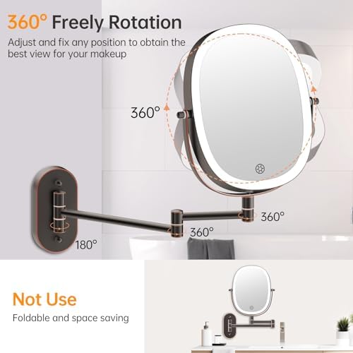 Rechargeable Wall Mounted Lighted Makeup Mirror, 8 Inch Double Sided LED Vanity Mirror 1X/7X Magnification,3 Color Lights Touch Dimmable Oval Frame 360°Swivel Magnifying Bathroom Mirror Antique Bronze - Image 5