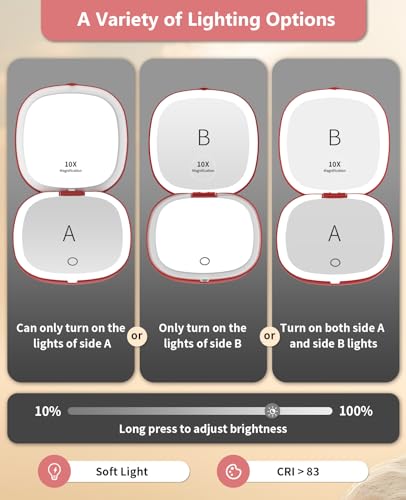 wobsion Travel Mirror with Light, Rechargeable 1x/10x Compact Magnifying Mirror, Dimmable Pocket Mirror,Handheld 2-Side Mirror with Light,4inch Travel Size,Portable for Handbag,Purse,Gift,Red - Image 4