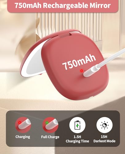 wobsion Travel Mirror with Light, Rechargeable 1x/10x Compact Magnifying Mirror, Dimmable Pocket Mirror,Handheld 2-Side Mirror with Light,4inch Travel Size,Portable for Handbag,Purse,Gift,Red - Image 6