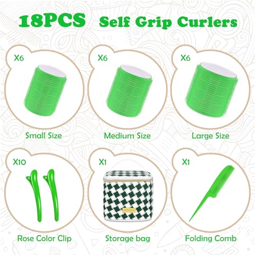 Hair Roller Set 18 pcs Heatless Self Grip Rollers With Clips and Comb, Salon Curlers for DIY Styles, 3 Green Sizes in 1 Set by Sungenol - Image 3