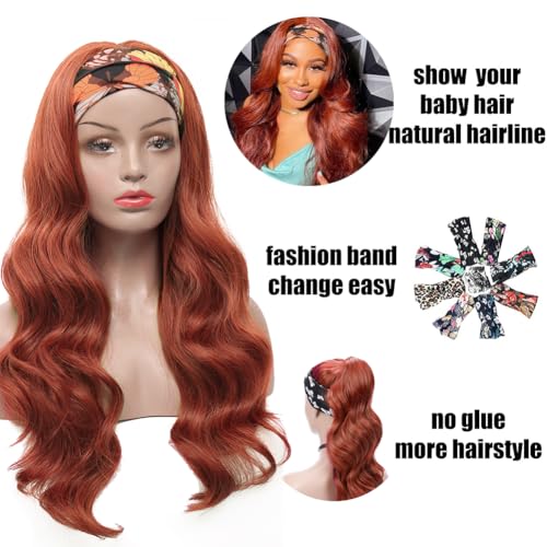 Colorful Queen Reddish Brown Headband Wig Auburn Body Wave Headband Wigs for Black Women Copper Red Colored Long Wavy Wig with Headband 26 Inch Glueless Half Wig - Image 2