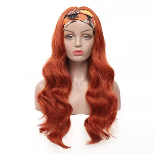 Colorful Queen Reddish Brown Headband Wig Auburn Body Wave Headband Wigs for Black Women Copper Red Colored Long Wavy Wig with Headband 26 Inch Glueless Half Wig - Image 8