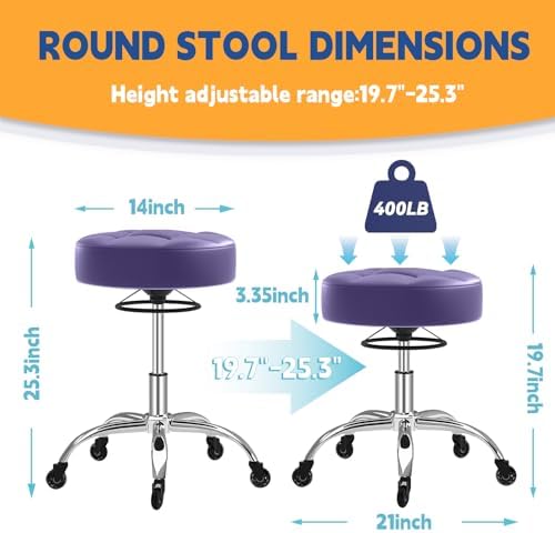 Rolling Stool Heavy Duty 400lb: Super Soft Seat Cushion,360° Swive,Height Adjustability,No Squeaky Noises,No Tip Over,New Upgraded Stool Salon Stool Chair, Tattoo Facial Massage Spa Medical (Purple) - Image 2