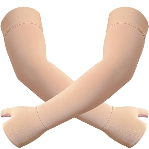 Medical Compression Arm Sleeve with Silicone Dot&Gauntlet for Women Men,20-30 mmHg Graduated Compression Full Arm Support for Edema,Post Surgery Recovery,Swelling,Pain Relief(XX-Large,Pair)