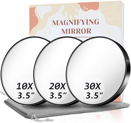 Magnifying Mirror, 10X & 20X & 30X Set, Magnified Mirror 3.5" with Two Suction Cups, Travel Magnifying Mirror Set Comes with Portable Storage Bag, Compact Small Magnifying Mirror for Travel(Black)