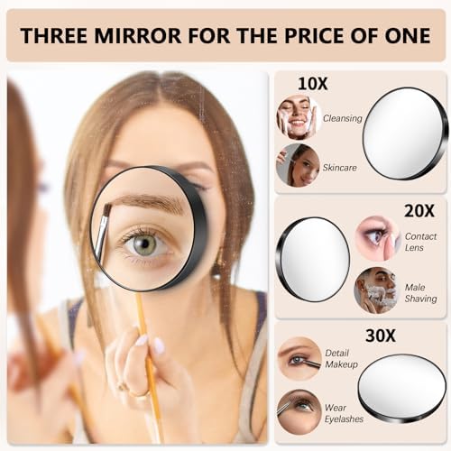 Magnifying Mirror, 10X & 20X & 30X Set, Magnified Mirror 3.5" with Two Suction Cups, Travel Magnifying Mirror Set Comes with Portable Storage Bag, Compact Small Magnifying Mirror for Travel(Black) - Image 2