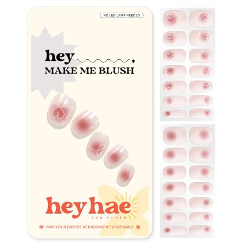 Semi Cured Gel Nail Strips | Sun Cured Gel Nail Wraps No LED Lamp Needed Easy Apply & Remove | Includes 28 strips, 1 Prep Pad, 1 Nail File & 1 Wooden Stick - Hey, Make Me Blush