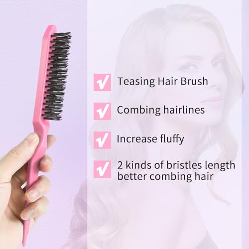 BRUSHZOO Hair Brush Set, Hair Brushes for Women Men kid Wet Dry All Hair Detangling Parting Styling, Brush Set with Detangler Brush, Edge Brush, Teasing brush, Rat Tail Comb (Pink) - Image 7
