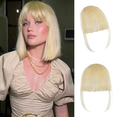 Clip In Bangs-100% Real Human Hair Bangs Clip Blonde Clip On Bangs Hair Extensions Fake Bangs Human Hair Wispy Bangs Hair Clip Fringe With Temples Hairpieces Curved Bangs For Daily Wear