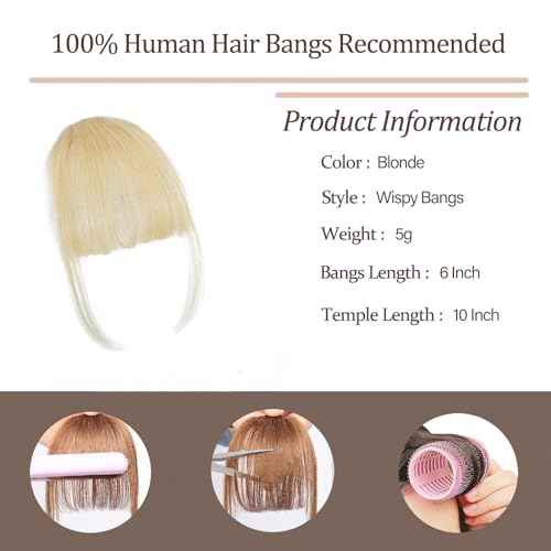 Clip In Bangs-100% Real Human Hair Bangs Clip Blonde Clip On Bangs Hair Extensions Fake Bangs Human Hair Wispy Bangs Hair Clip Fringe With Temples Hairpieces Curved Bangs For Daily Wear - Image 2