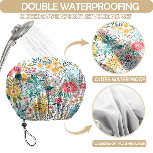 2 PCS Shower Cap Reusable Waterproof Double Layer Elastic Adjustable Hair Bath Caps Cute Aesthetic for Women Girls-Flowers - Image 3