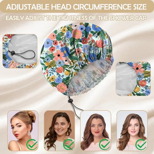 2 PCS Shower Cap Reusable Waterproof Double Layer Elastic Adjustable Hair Bath Caps Cute Aesthetic for Women Girls-Flowers - Image 4