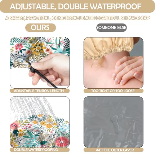 2 PCS Shower Cap Reusable Waterproof Double Layer Elastic Adjustable Hair Bath Caps Cute Aesthetic for Women Girls-Flowers - Image 5