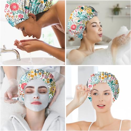 2 PCS Shower Cap Reusable Waterproof Double Layer Elastic Adjustable Hair Bath Caps Cute Aesthetic for Women Girls-Flowers - Image 7