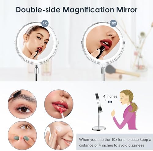 Makeup Mirror with Lights, Height & Brightness Adjustable Lighted Makeup Mirror with 10x Magnification, 8" Rechargeable Double Sided Vanity Mirror with 3 Colors Lights - Image 5
