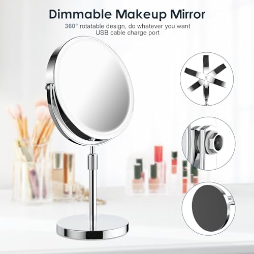 Makeup Mirror with Lights, Height & Brightness Adjustable Lighted Makeup Mirror with 10x Magnification, 8" Rechargeable Double Sided Vanity Mirror with 3 Colors Lights - Image 6
