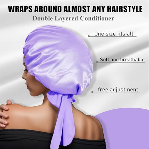 2Pc Silk Bonnet Satin Hair Bonnet With Tie Band for Sleeping Large Bonnets Hair Wrap with Adjustable Straps Hair Shower Cap for Women Curly Braid Hair(Purple+Pink) - Image 5