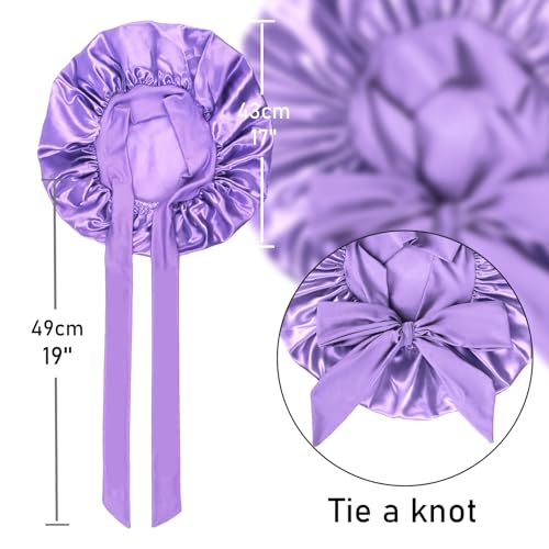 2Pc Silk Bonnet Satin Hair Bonnet With Tie Band for Sleeping Large Bonnets Hair Wrap with Adjustable Straps Hair Shower Cap for Women Curly Braid Hair(Purple+Pink) - Image 6
