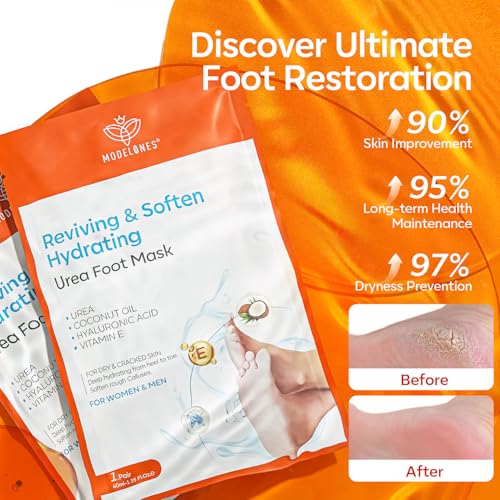 modelones 6 Pairs Hydrating Foot Mask for Dry Cracked Feet, Deep Moisturizing with Urea + Coconut Oil + Hyaluronic Acid+ Vitamin E, Foot Care for Women and Men, Soft Smooth Feet - Image 2
