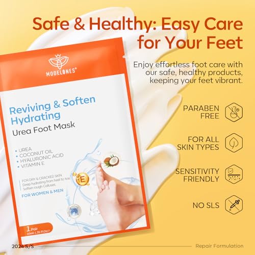 modelones 6 Pairs Hydrating Foot Mask for Dry Cracked Feet, Deep Moisturizing with Urea + Coconut Oil + Hyaluronic Acid+ Vitamin E, Foot Care for Women and Men, Soft Smooth Feet - Image 6