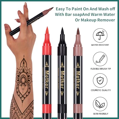 Temporary Tattoo Markers for Skin | Dual-End 16-Count Body Markers + 77 Large Tattoo Stencils | Temporary tattoos for Adults and Kids | Flexible Brush Tip, Bright colors, Skin-Safe*, Cosmetic-Grade - Image 2