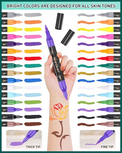 Temporary Tattoo Markers for Skin | Dual-End 16-Count Body Markers + 77 Large Tattoo Stencils | Temporary tattoos for Adults and Kids | Flexible Brush Tip, Bright colors, Skin-Safe*, Cosmetic-Grade - Image 3