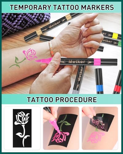 Temporary Tattoo Markers for Skin | Dual-End 16-Count Body Markers + 77 Large Tattoo Stencils | Temporary tattoos for Adults and Kids | Flexible Brush Tip, Bright colors, Skin-Safe*, Cosmetic-Grade - Image 4