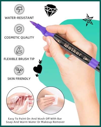 Temporary Tattoo Markers for Skin | Dual-End 16-Count Body Markers + 77 Large Tattoo Stencils | Temporary tattoos for Adults and Kids | Flexible Brush Tip, Bright colors, Skin-Safe*, Cosmetic-Grade - Image 5