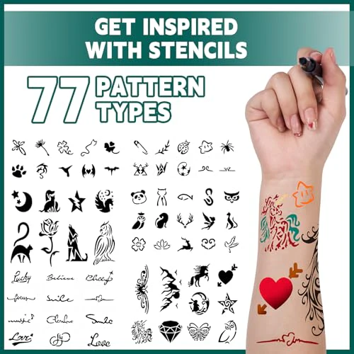 Temporary Tattoo Markers for Skin | Dual-End 16-Count Body Markers + 77 Large Tattoo Stencils | Temporary tattoos for Adults and Kids | Flexible Brush Tip, Bright colors, Skin-Safe*, Cosmetic-Grade - Image 6