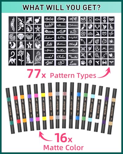 Temporary Tattoo Markers for Skin | Dual-End 16-Count Body Markers + 77 Large Tattoo Stencils | Temporary tattoos for Adults and Kids | Flexible Brush Tip, Bright colors, Skin-Safe*, Cosmetic-Grade - Image 7